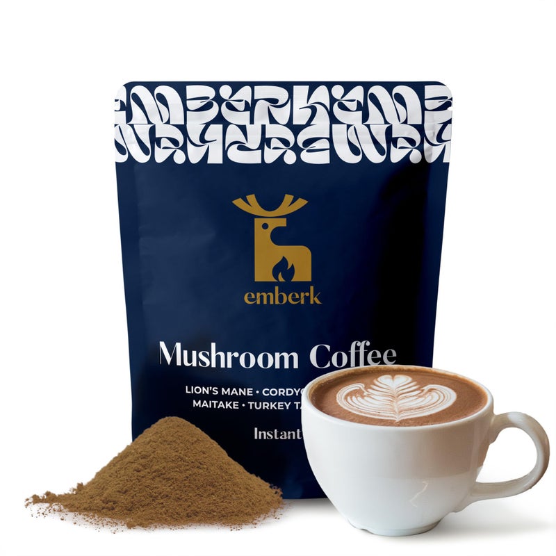 Emberk Organic Instant Mushroom Coffee - 35 Servings of Arabica Coffee with Six 100% Fruiting Body Mushrooms for Mental Clarity, Sustained Energy, Gut Health and Immune Support - 70g - Image 1